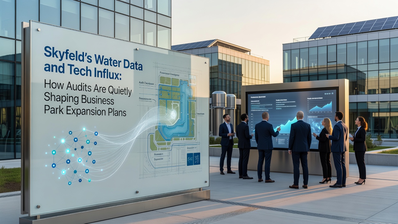 Tech company construction site within Skyfeld business park with visible water monitoring equipment