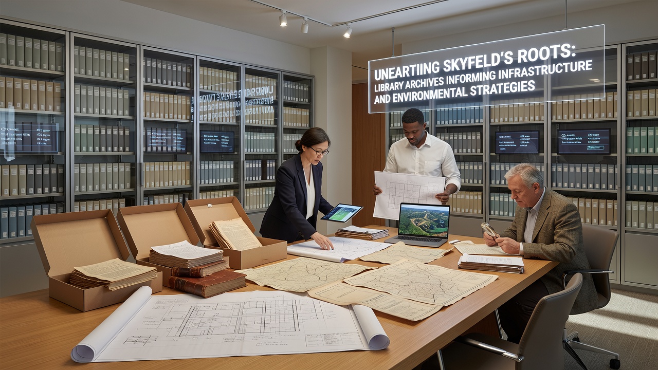 Researchers reviewing digitized environmental logs and maps from Skyfeld archives on computer screens in a modern library setting